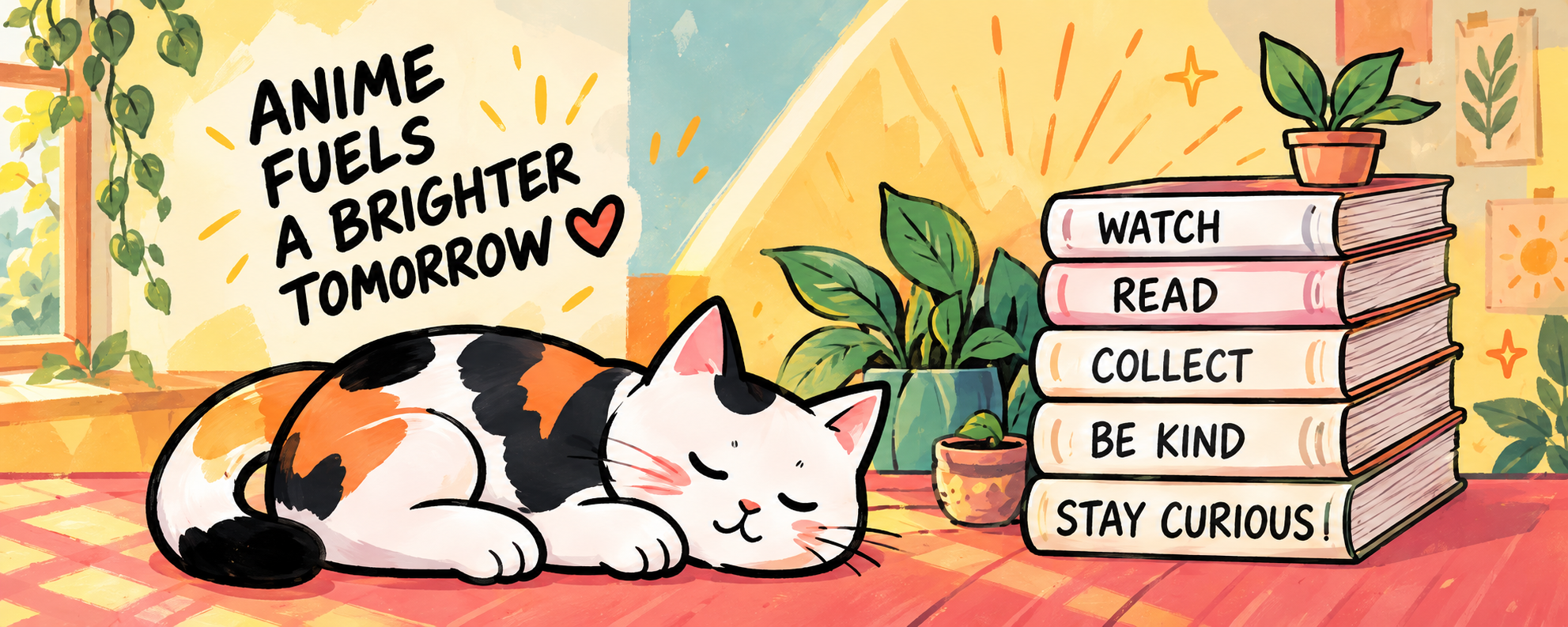 Anime fuels a brighter tomorrow. A sleeping calico beside books labeled Watch, Read, Collect, Be Kind, Stay Curious!