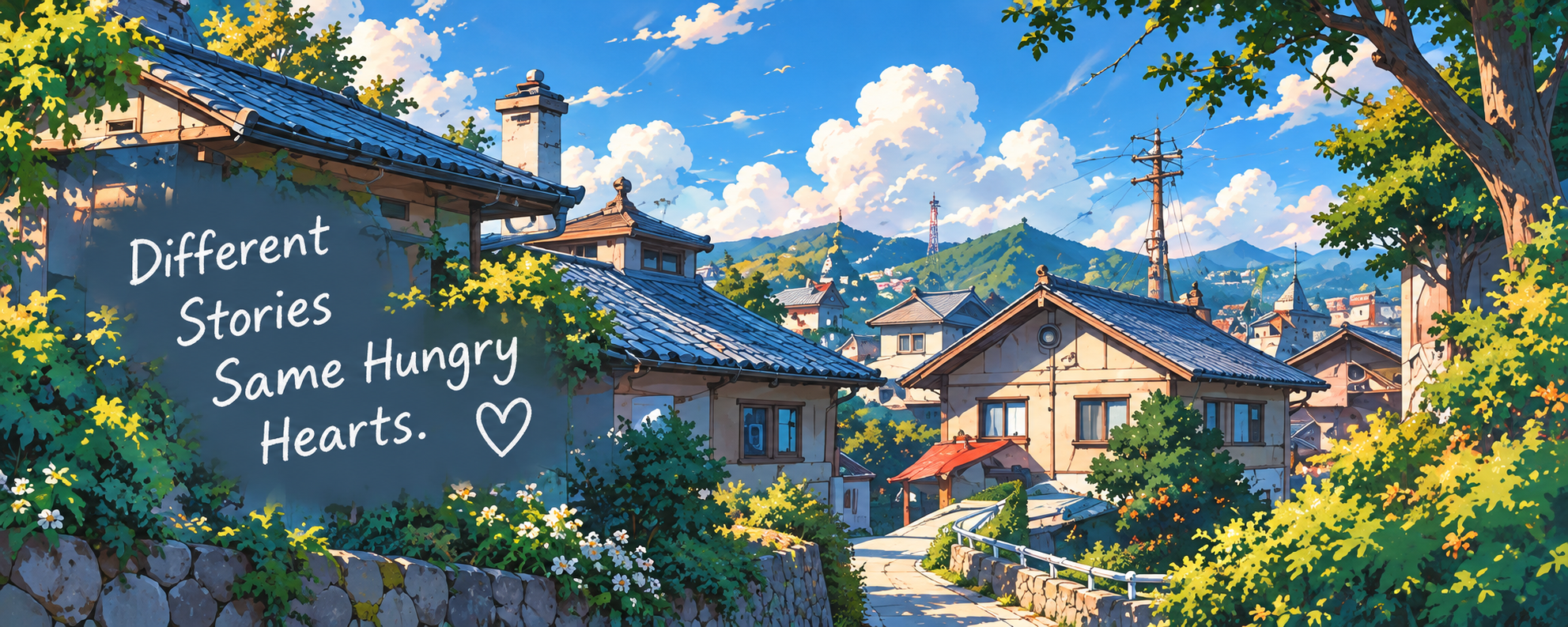 Different Stories Same Hungry Hearts. A sunny anime village beneath blue skies.