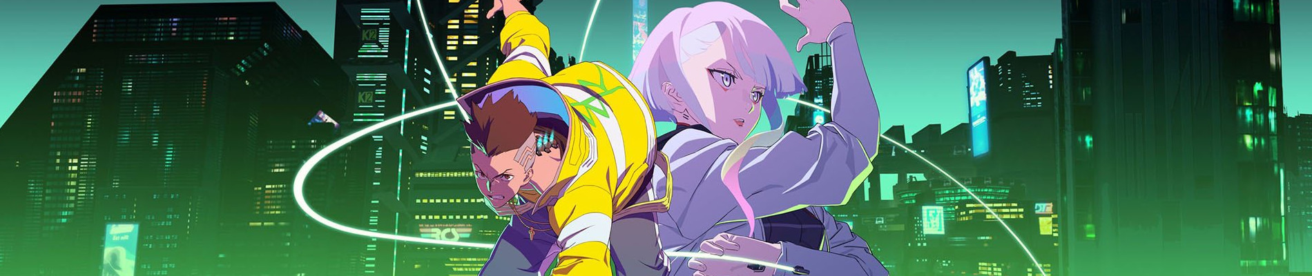 Cyberpunk Edgerunners official AniList banner art with David and Lucy in Night City