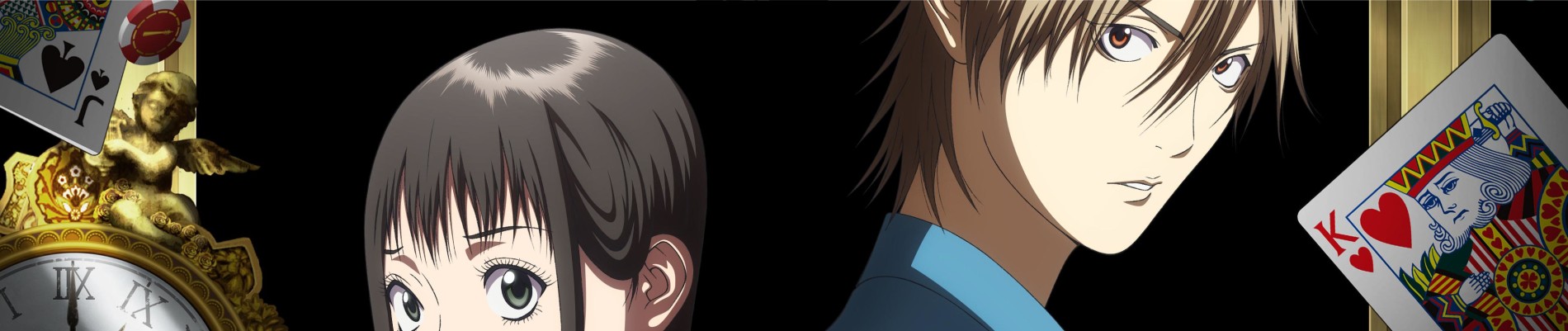 Nao Kanzaki and Shinichi Akiyama surrounded by masked Liar Game dealers in official banner art